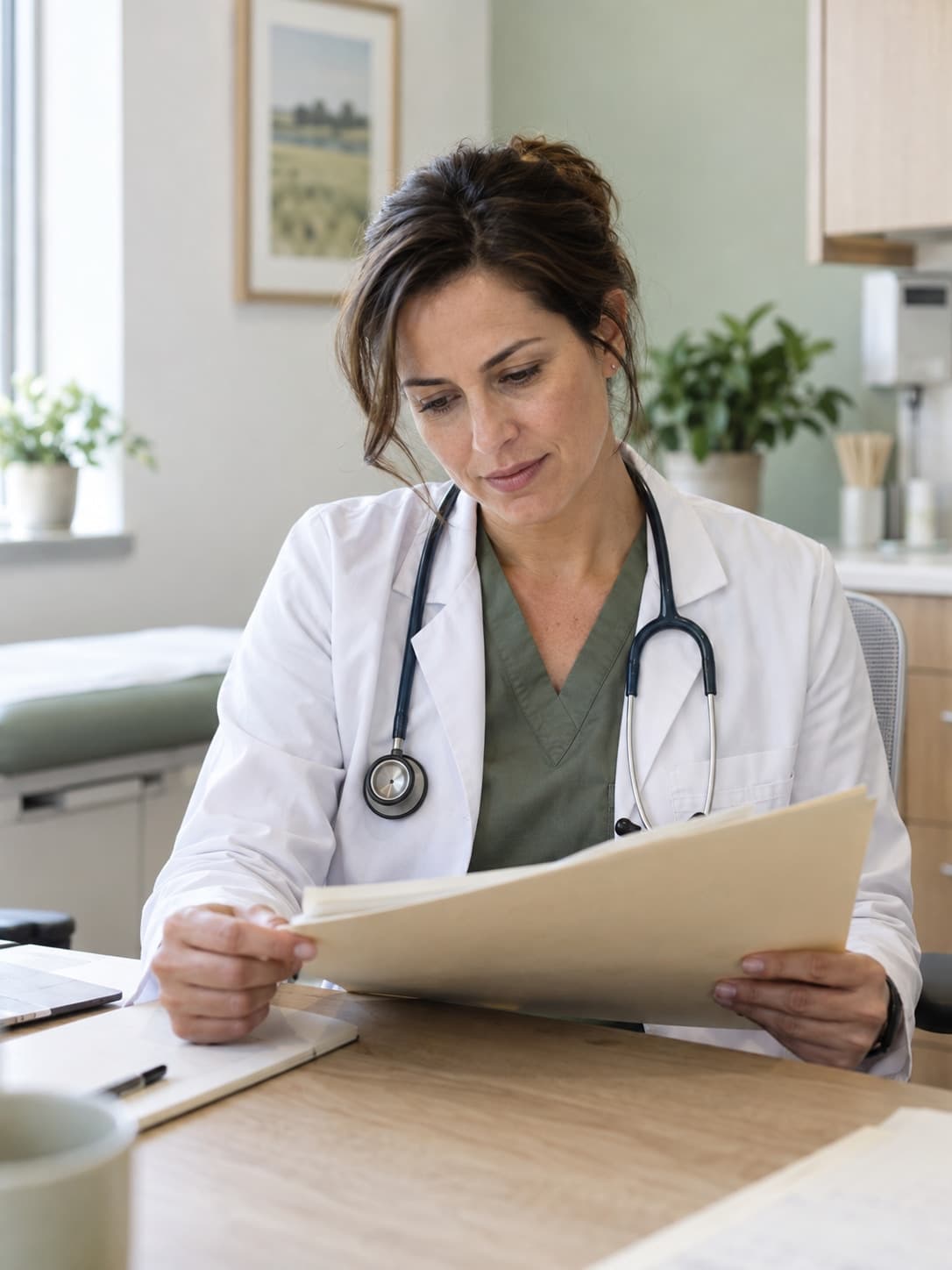 Docavia physician reviewing notes at her desk