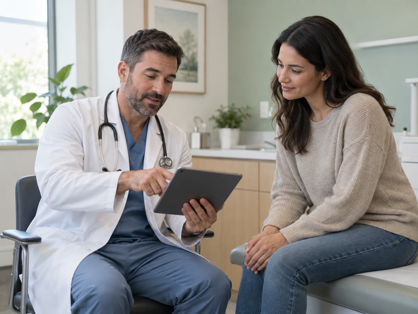 Doctor explaining results to a patient during a modern consultation